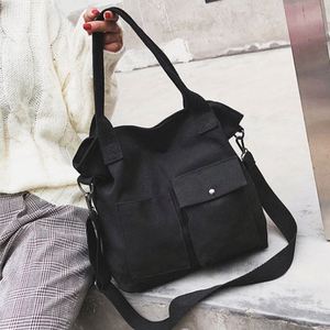 Bolsa de Lona de Gran Capacidad, Negra, Casual, de Hombro y Cruzada, con Bolsillos Delanteros - Product Image 4
