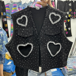 حجر الراين قطع القلب + الجينز الدنيم الثقيلة تناسب نحيف السراويل طقم من قطعتين النساء نمط الشارع عارضة - Product Image 4