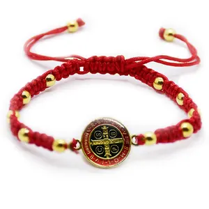 Gelang Saint Benedict warna emas gelang manik-manik logam buatan tangan Cina tali simpul gelang rosario
