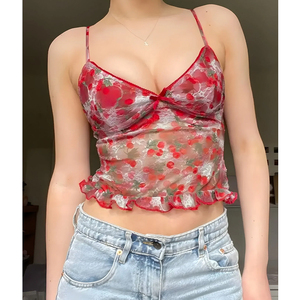 Y2K Hot Spicy Girl Retro Vintage Spaghetti Straps Low Neckline Printed <strong>Strawberry</strong> Mesh <strong>Top</strong> - Product Image 2