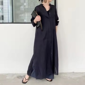 Robe longue en coton pour femme 2025, unie, taille élastique, coupe ample, manches longues, col montant boutonné, fente latérale, idéale pour les vacances de printemps - Product Image 5