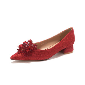 <b>Red</b> Satin Pointed Toe Kitten Heel Bridal Shoes With Flower Decoration Slip-On Wedding Party <b>Pumps</b> Med Heel 3cm 5cm - Product Image 5