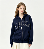 Sweat à capuche zippé surdimensionné pour femme avec broderie étoile et lune, style preppy