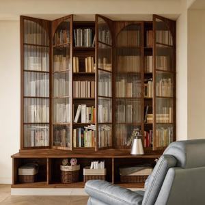 Librería de Madera de Nogal Macizo con Puertas de Vidrio y Estantes Abiertos - Muebles Personalizados OEM - Product Image 2