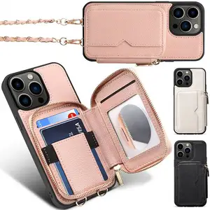 Mobile Phone Cases for iPhone14Pro shoulder phone cover For Samsung S23Ultra back cover card zipper bag protective leather case