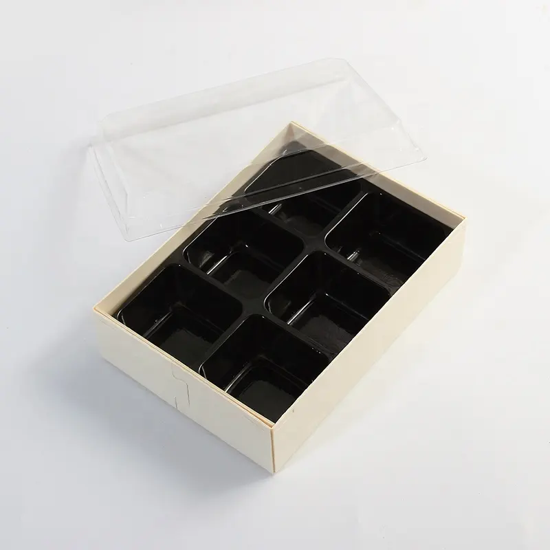 Caixa de madeira biodegradável para alimentos, embalagem para alimentos sobremesa e confeitaria com 6 grades, bandeja descartável de bolo de lanche dobrável com tampa transparente