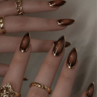 Faux ongles 3D amande chromés marron, finition miroir brillante, pour manucure en salon, vente en gros et au détail 4524