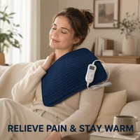 Coussin chauffant électrique en tissu bleu marine personnalisé, 9 niveaux de température, minuterie 3-12h, chauffage rapide, prise EU