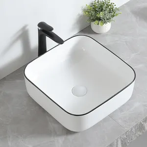 Small Surface Mounting Glossy White Hand Decoration Ceramic Counter Top Square Wash Basin With Black Line