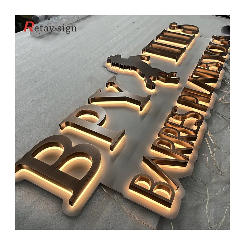 Personalizado de pared al aire libre interior LED iluminado logotipo acrílico metal vintage letras doradas 3D signo