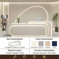 Comptoir de réception LED incurvé moderne avec logo mural rétroéclairé, contreplaqué E0 de qualité supérieure, personnalisé pour salon, hôtel, clinique