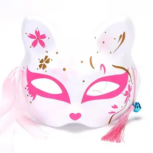 Masque de Renard d'Halloween Demi Visage Chat Kitsune Masque pour Cosplay Style Japonais Animal Renard pour Mascarade Bal Masques de Fête