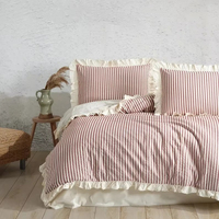 Parure de lit ODM OEM à rayures, qualité hôtelière et hospitalière, 100% coton, avec housse de couette double à volants et teinture en fil