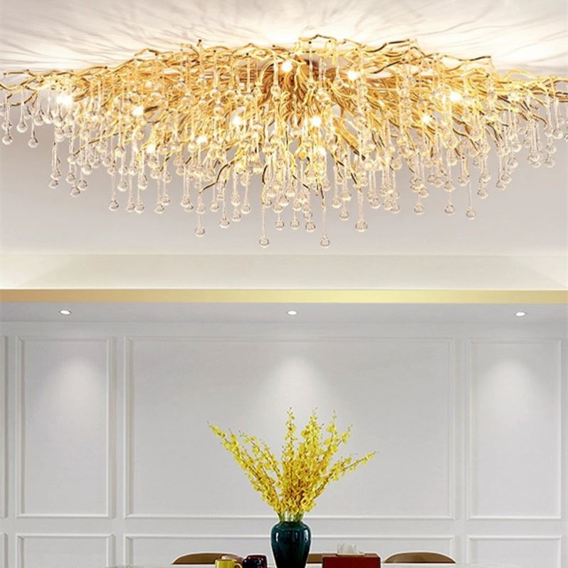 Gold Dining & Living Room LED Dimmable Lamp Luxury Crystal Ceiling Chandelier Remote Control Inspired Tree Branches Hotels Homes
