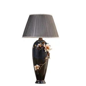 Cloisonne lampu meja Led kristal, Cloisonne Enamel Hotel kamar tidur Nordik bunga magnolia membaca