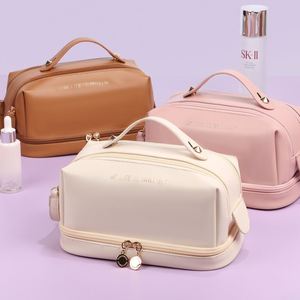 Waterproof Simple Cosmetics Bags Fashion Double Zipper Handle Bag Soft Portable Toiletries Pouch <b>Washbag</b> PU Leather Make up Bag - Product Image 3