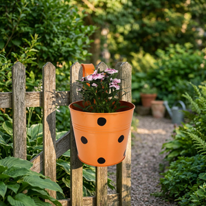 Pot de fleurs suspendu en métal orange avec points noirs pour plantes de jardin - Product Image 2