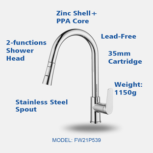 Grifo de Cocina Extraíble de Cerámica Cromada con PPA de Zinc, 2 Funciones, Diseño Moderno, para Cocina, Modelo FW21P539 - Product Image 2