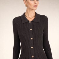 Robe moulante longue à col polo en maille côtelée, avec décoration florale, jupe plissée évasée, taille naturelle, respirante, style vintage et élégant