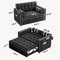 Sofá Cama Convertible Dareko de Terciopelo Negro con Relleno de Esponja, Respaldo Ajustable, Puertos USB, Bolsillos Laterales, Futón para Sala de Estar