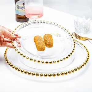 New Design 13 Inch Plastic Melamine Plate Gold Transparent Beaded Rimmed Wedding Charger Plate