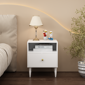 Modern White Nightstand With <b>Drawer</b> And Open Shelf Gold Knob Solid Wood Legs Small Bedside Table <b>For</b> Bedroom - Product Image 3