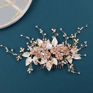 Romantic Shiny Rhinestone Pearl Alloy Wedding Bridal Alloy Flower Leaf Golden Hair Comb