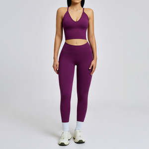 Women's 2-Piece Yoga Set Solid Black Scoop Neck Racerback Crop <b>Top</b> High Waist Full Length <b>Leggings</b> Plus Size Seamless Four-Way - Product Image 1