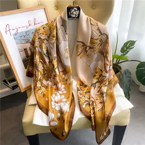 Wholesale Satin 110*110 cm foulard flower Hijab Factory Manufacture Head Scarves Women Printed Shawl Muslim hijab
