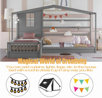 Lit double en bois en forme de L avec garde-corps de toit, design Montessori (gris), pas besoin de matelas à ressorts