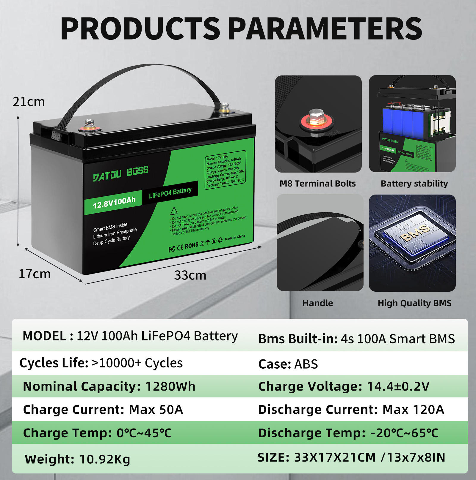 Battery DATOU BOSS LiFePO4 12V/100AH ​​1280Wh BMS