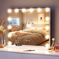 Miroir cosmétique de bureau sur pied de style carré, éclairé par 14 ampoules LED, avec interrupteur tactile, 3 couleurs réglables, cadre métallique, pour usage quotidien