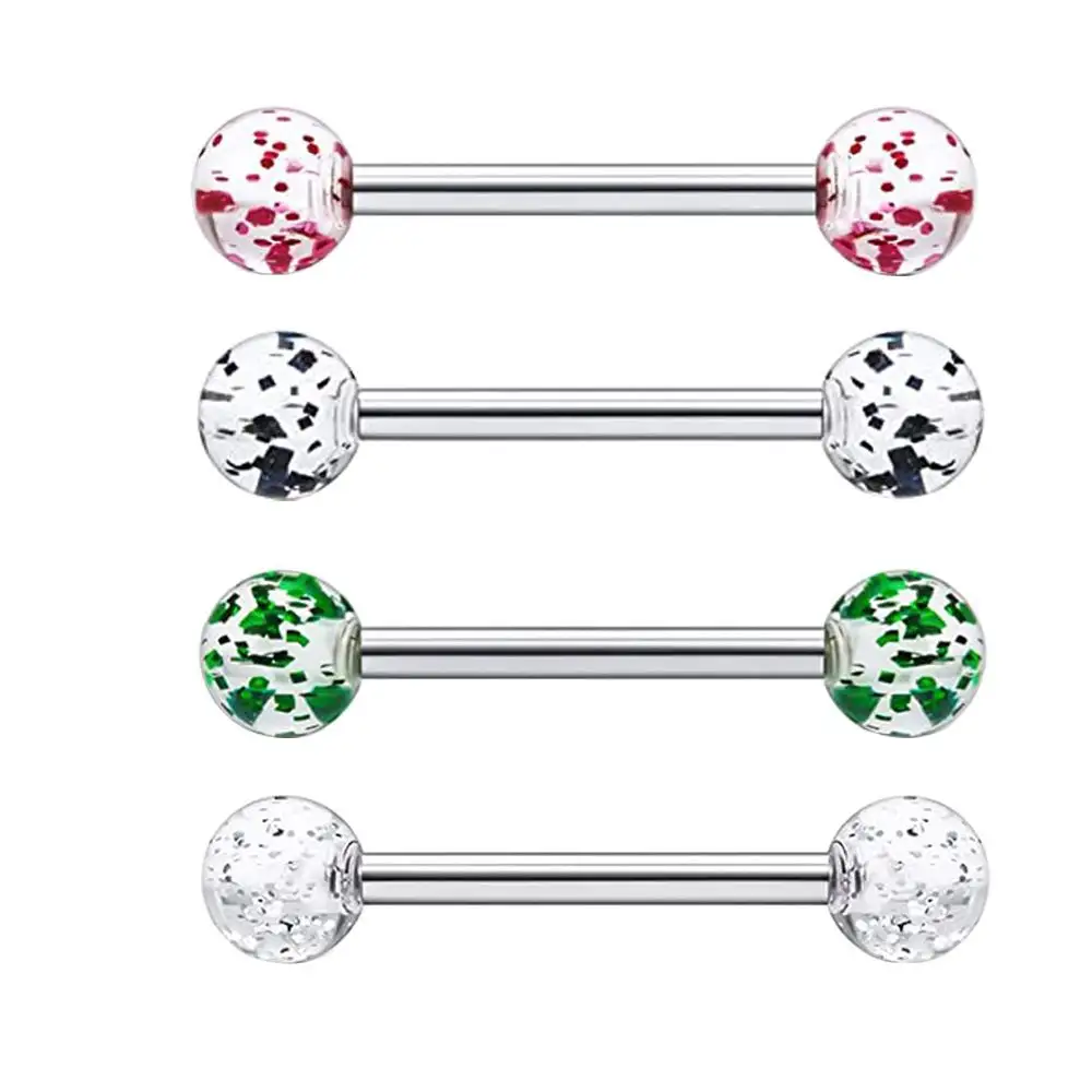 NUORO 14G Surgical Steel Clear Glitter Ball Barbell Tongue Piercing For Women Man Acrylic Ball Nipple Tongue Ring