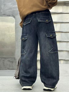 Vaqueros vaqueros de pierna ancha para niños con múltiples bolsillos: cintura elástica, ajuste holgado, tela no elástica, comodidad para todas las estaciones para uso informal - Product Image 2