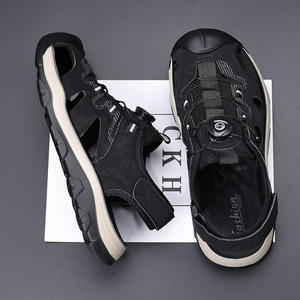 Sandales décontractées pour hommes, perforées, grises, respirantes, à bout fermé, avec fermeture Velcro, talon plat, pour la randonnée et la plage - Product Image 3