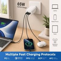 AVS 65W GaN USB-C PD 3.0 Pengisi Daya Laptop Cepat 3-Port Adaptor Dinding Tipe C USB a PPS Kompatibel iPhone Apple Samsung