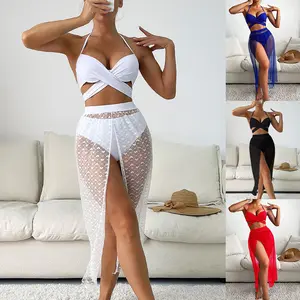 2024 new European and American solid color bikini sexy mesh skirt three-piece swimsuit women's bikini swimwear wholesale