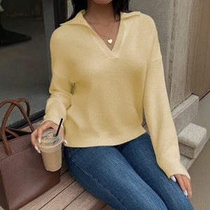Custom <strong>Women's</strong> Chic Butter Yellow Lapel V <strong>Neck</strong> Knitted Sweater Long Sleeve Casual Loose Fit Pullover <strong>Jumper</strong> Polyester Knitwear - Product Image 4