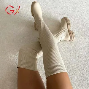 GX01A84女靴平台过膝高筒靴冬季大腿高皮针织拼接女靴