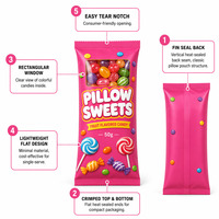 Bolsas de Mylar con Ventana Plana y Corte de Desgarre para Envasado de Alimentos, Dulces, Frutas, Chicles, Caramelos Duros y Bocadillos