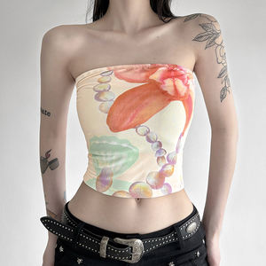 Top Corto sin Tirantes con Estampado Floral para Mujer, Ajustado, Espalda Descubierta, Camiseta Corta Informal de Verano para Vacaciones, en Tejido de Poliéster y Elastano - Product Image 4