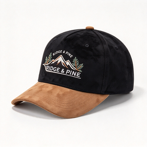 Gorra de 6 paneles de perfil alto para hombre, al por mayor, con visera de ante negro y camel, bordado de pino de montaña, para camping al aire libre, con logotipo personalizado y letras comunes - Product Image 2