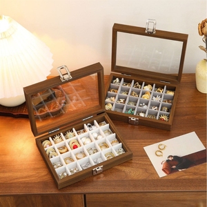 Boîte de rangement pour bijoux, en bois de noyer exquis avec couvercle en verre transparent, anti-poussière, grande capacité, pour bijoux à clous, bagues et - Product Image 4