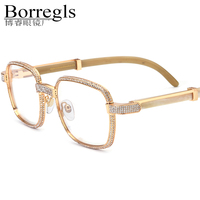 Gafas Borregls de Cuerno de Búfalo para Hombre, Nueva Marca de Lujo, Diseño Cuadrado con 720 Diamantes, Monturas de Gafas para Mujer 17550180
