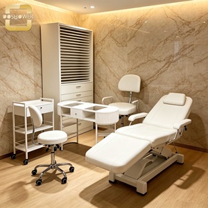 Station de manucure double haut de gamme, entièrement blanche, <span class=keywords><strong>à</strong></span> rainures verticales, avec plateau incurvé, pour salon de manucure et spa de beauté - Product Image 1