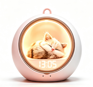 Réveil mignon en forme de chat avec veilleuse et haut-parleur, design rond rose pour enfants et adultes - Product Image 1
