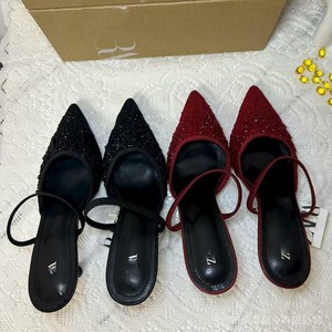Sandalias de tacón fino con correa y diamantes de imitación, transpirables, de malla, para mujer, estilo slip-on, negras, de tacón alto, novedad de verano - Product Image 3