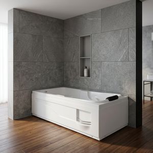 Moderna Bañera de Hidromasaje Rectangular Blanca de Acrílico con Elegante Reposacabezas Negro y Panel Lateral Elegante - Product Image 1