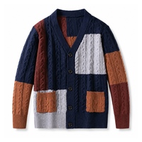 Cardigan en maille torsadée pour homme, col en V, color block, mélange de lyocell, boutonné, patchwork, collection automne-hiver, vente en gros OEM