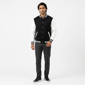 Winter Bulk Customizable Streetwear Chenille Cotton Stand Collar Breathable FINER THREADS <b>Men</b> Varsity <b>Jacket</b> Black <b>White</b> - Product Image 1